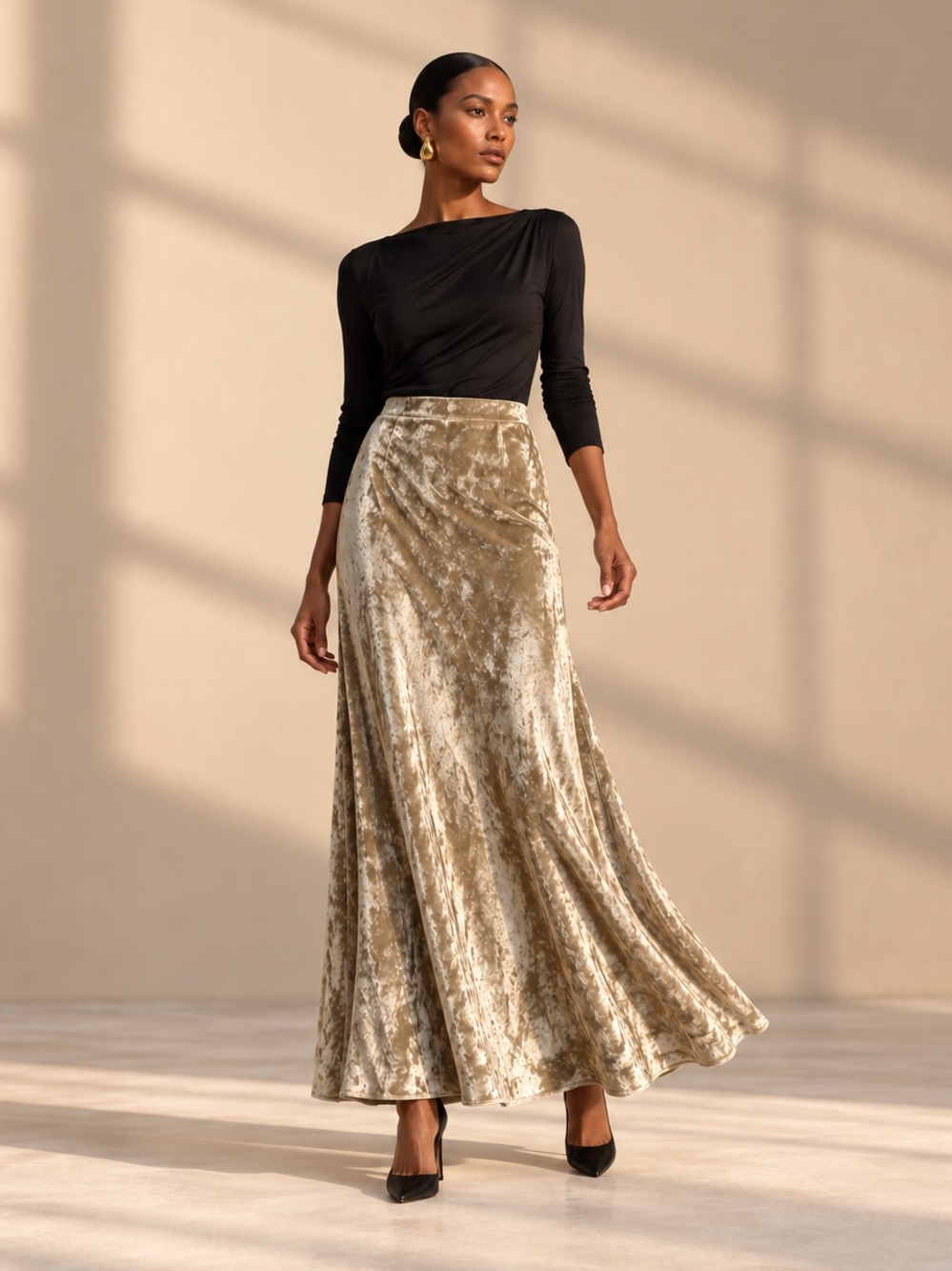 Polo Ralph Lauren Gold Silk Velvet Maxi Skirt Flared Luxe Sz 8